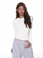 White Peter Pan Collar Button Slim Long Sleeve Top