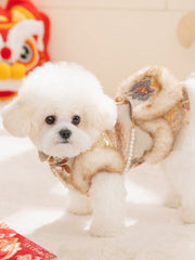 Red floral brocade dog cheongsam winter coat with faux fur trim - View 6 | TEVQA