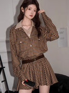 Vintage Plaid Button Down Shirt Dress with Pockets Brown
