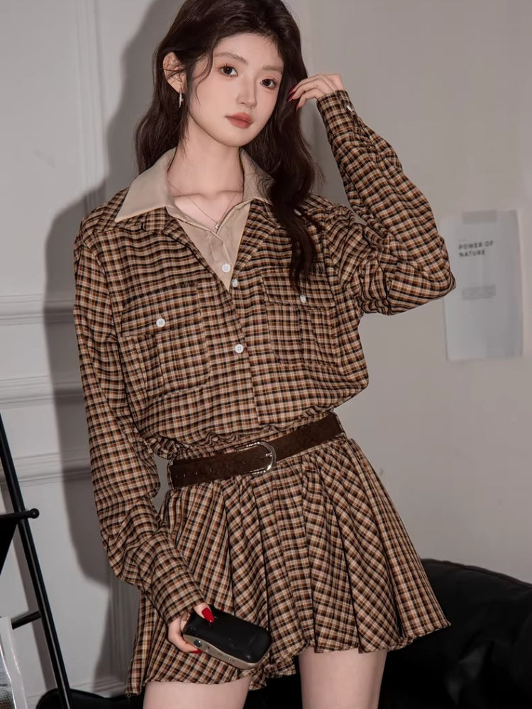 Vintage Plaid Button Down Shirt Dress with Pockets Brown