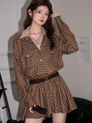 Vintage Plaid Button Down Shirt Dress with Pockets Brown