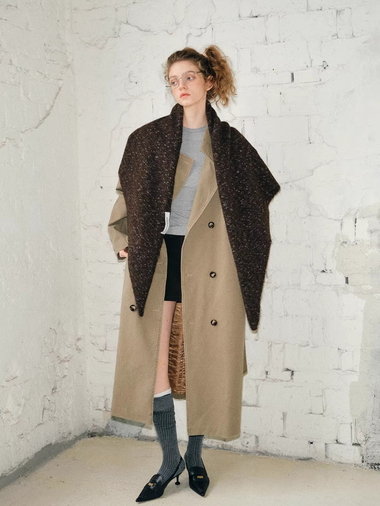 Oversized Marled Knit Triangle Shawl Dark Brown