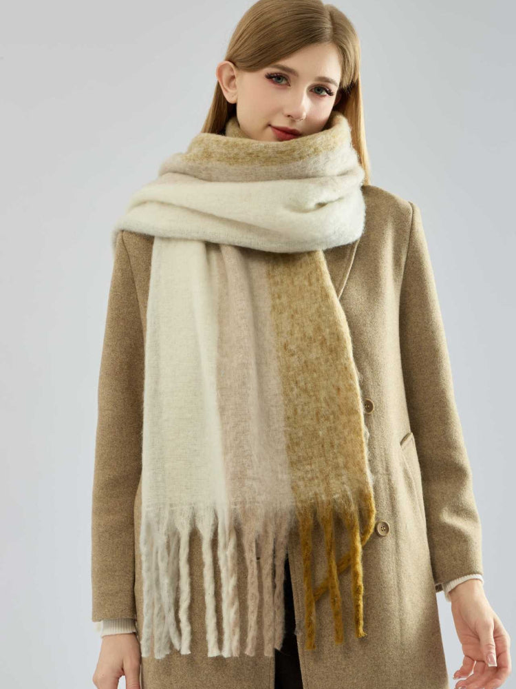 Women's Oversized Color Block Scarf Soft Bouclé Knit with Fringe Tassels - Beige & Camel