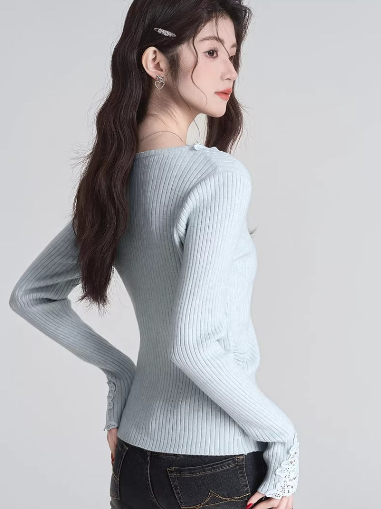 Light Blue Lace V-Neck Ribbed Knit Top