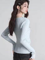 Light Blue Lace V-Neck Ribbed Knit Top