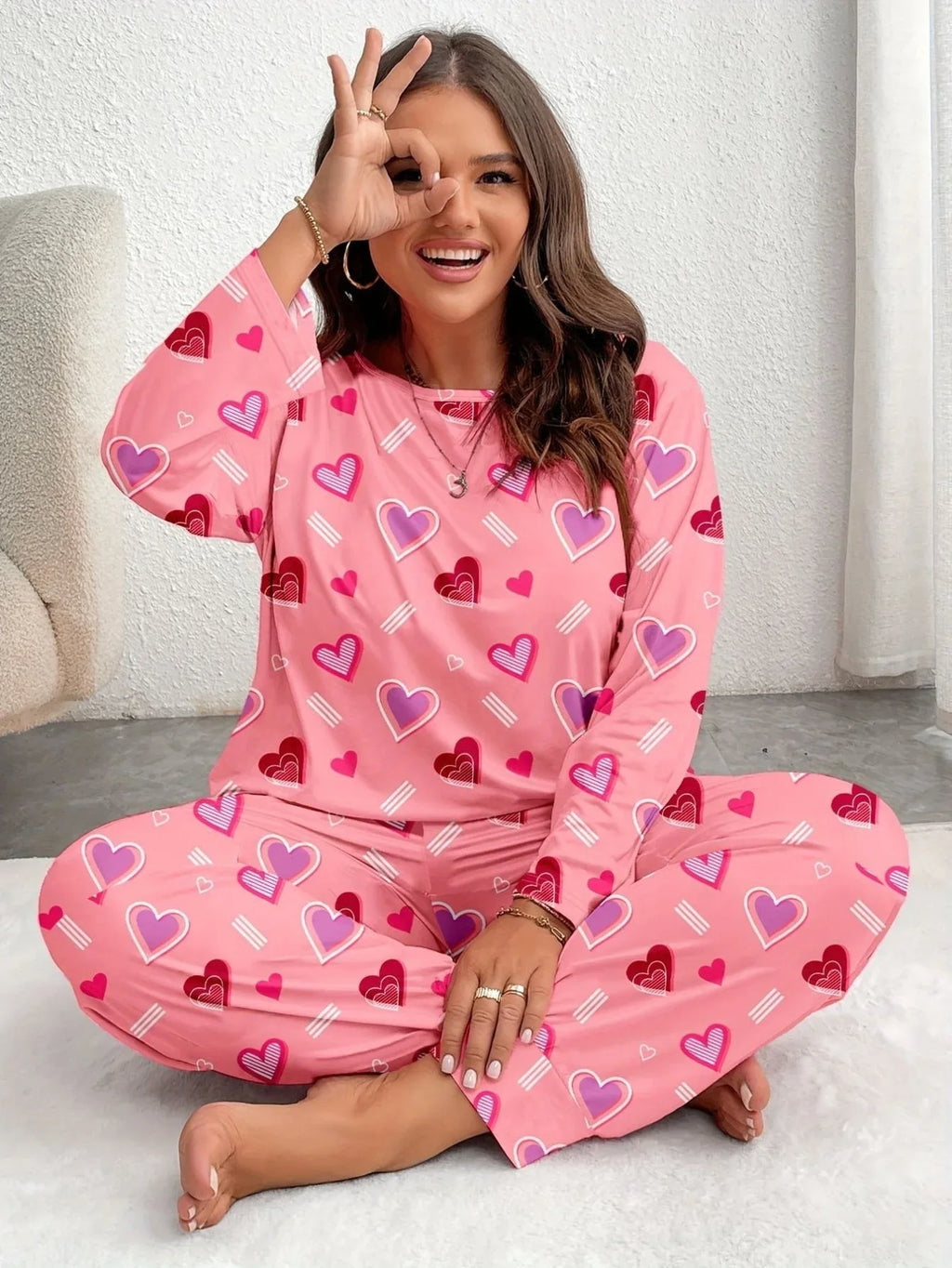 Plus Size Pink Heart Print Jogger Pajama Set - View 11 | TEVQA
