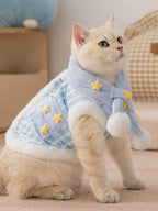 A cream-colored cat sitting upright, wearing a light blue striped vest with white faux fur trim and yellow embroidered stars, along with a matching blue scarf featuring stars and pom-poms.
