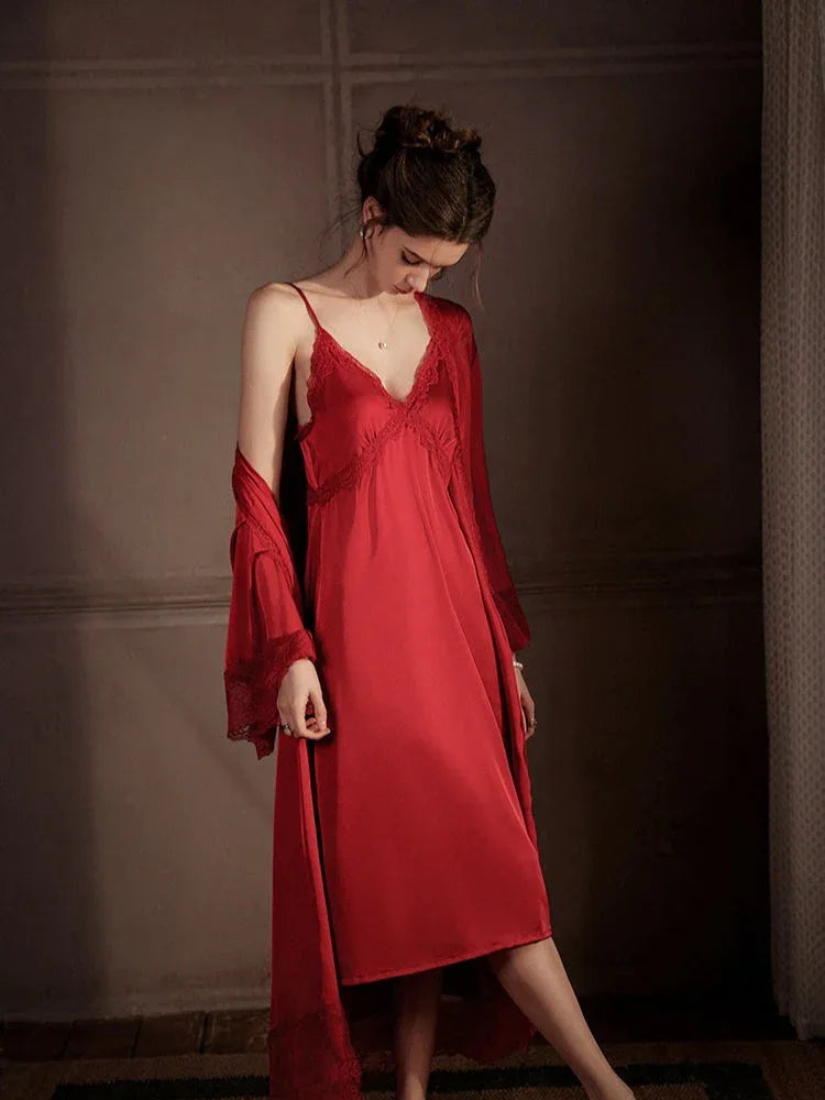 Satin Lace Nightgown and Robe Set - View 12 | TEVQA