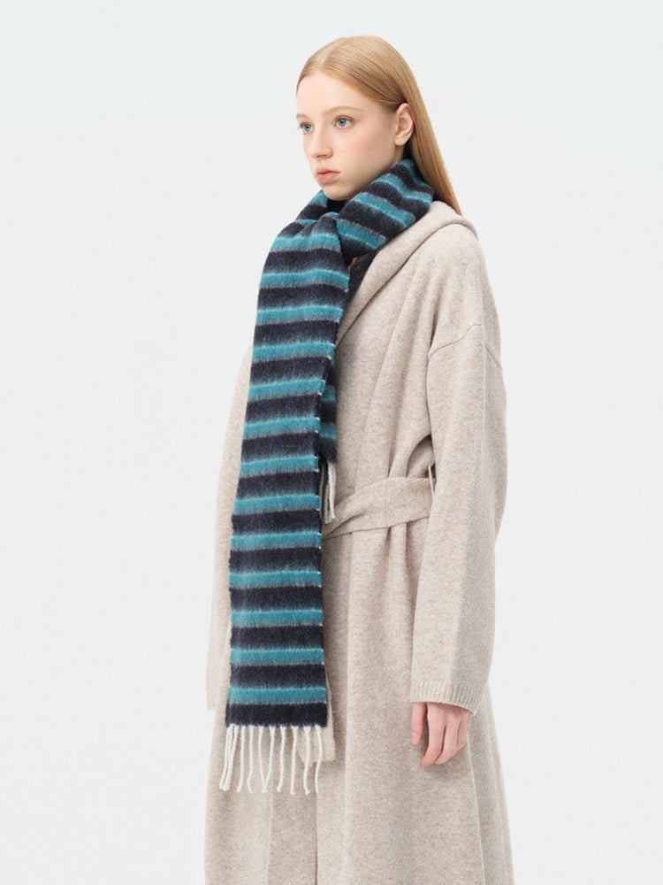 Soft Wool Blend Striped Scarf with Fringe
