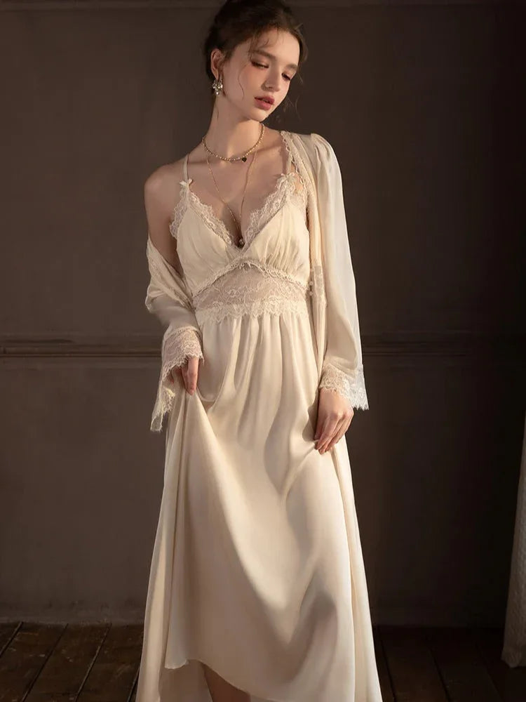 Close-up of the lace detail on a satin nightgown.