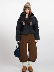 Retro Plaid Sherpa-Lined Cropped Puffer Jacket - TEVQA