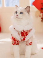 A white cat wearing a red traditional Chinese jacket with floral patterns and faux fur trim, sitting and looking to the side.