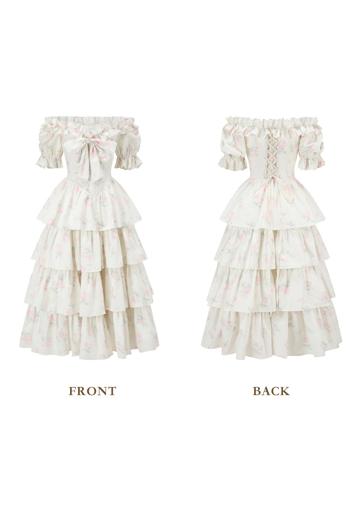 Front view of a white floral print off-the-shoulder tiered dress with puffed sleeves and a bow detail