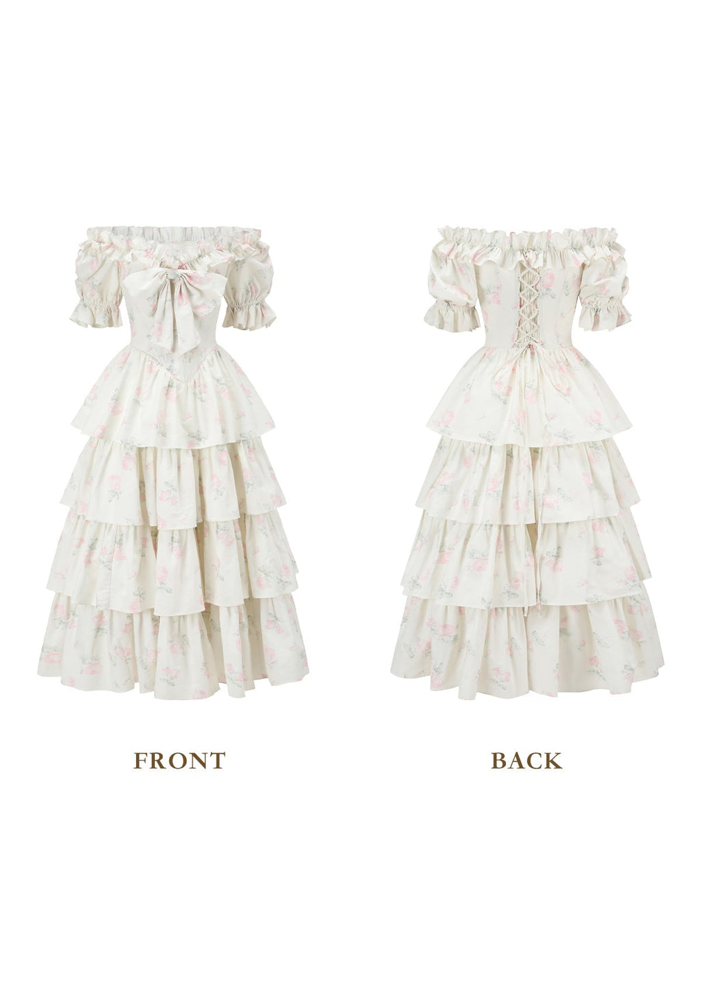 Front view of a white floral print off-the-shoulder tiered dress with puffed sleeves and a bow detail