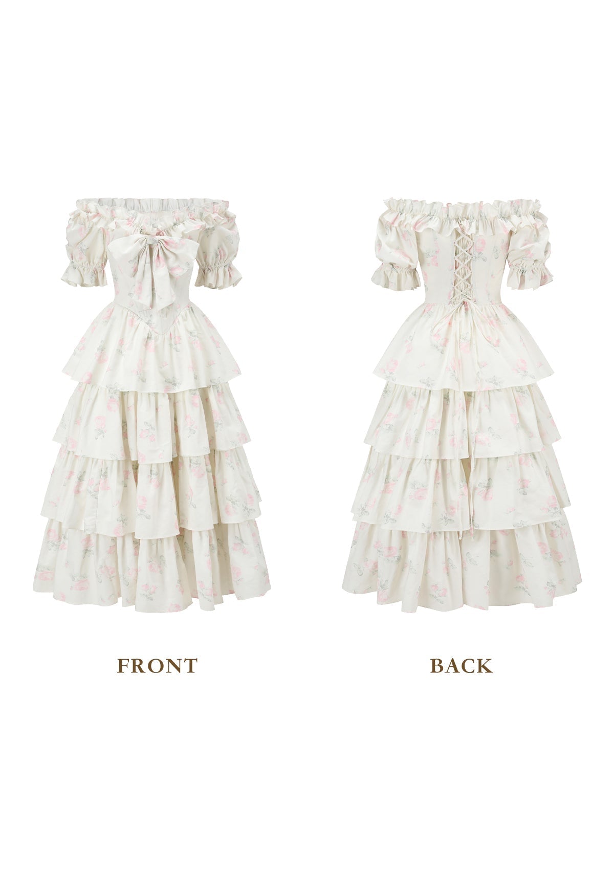 Front view of a white floral print off-the-shoulder tiered dress with puffed sleeves and a bow detail