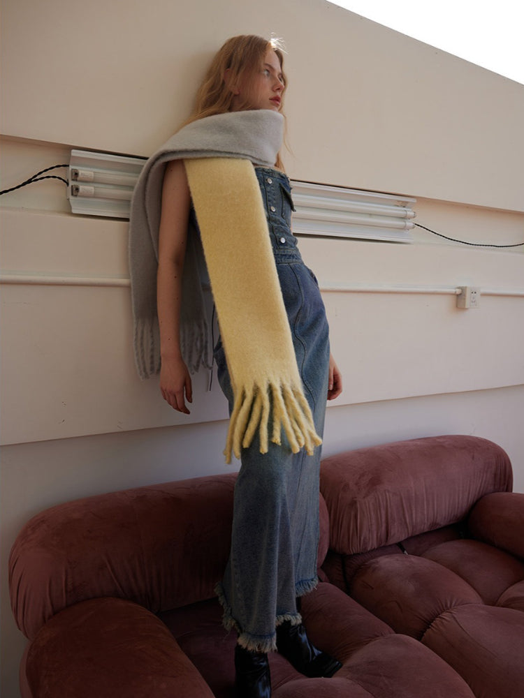 Oversized gradient wool blend scarf with fringed edges - View 6 | TEVQA