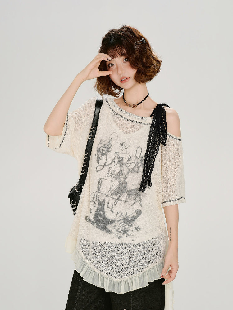 Vintage Lace Asymmetrical Graphic Print Top Cream