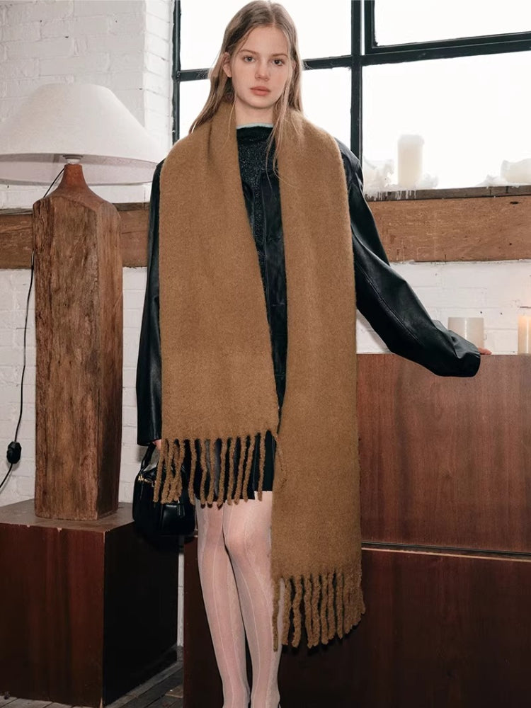 Solid Red Fuzzy Knit Scarf Fringe Edge Oversized