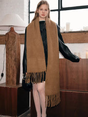 Solid Red Fuzzy Knit Scarf Fringe Edge Oversized