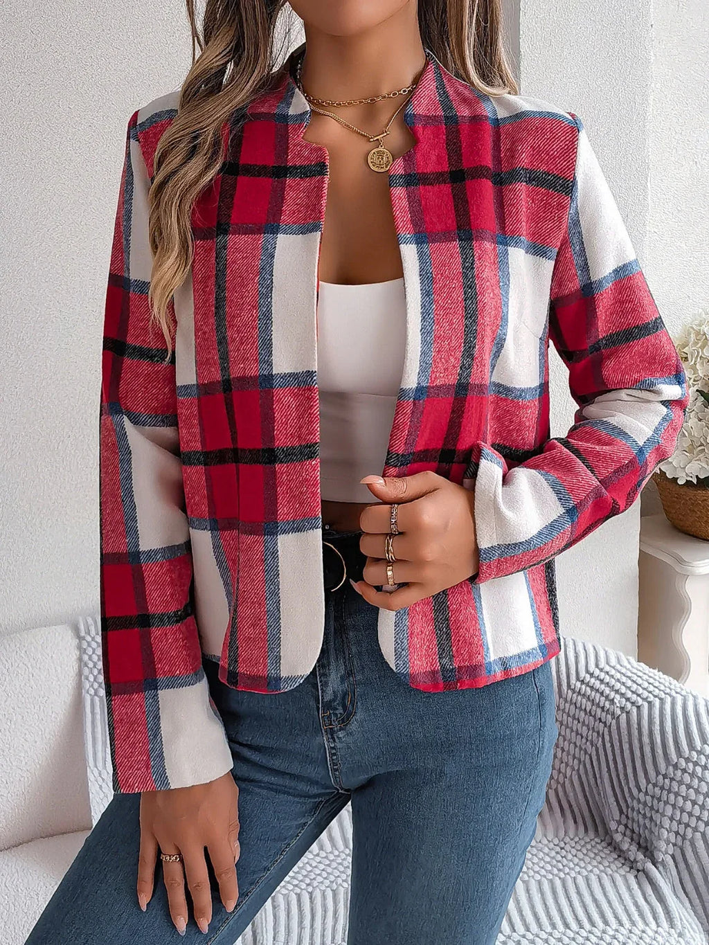 Navy blue plaid cropped jacket - View 16 | TEVQA