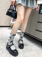 Grey knee high socks with black satin bows and faux pearl embellishments - View 8 | TEVQA