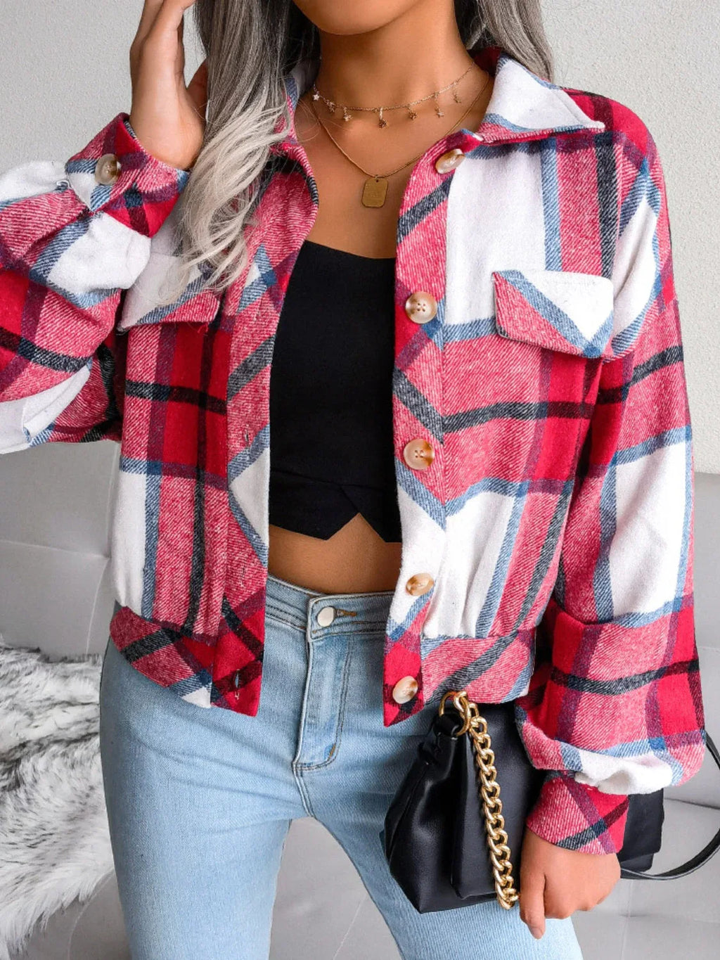 Plaid wool blend cropped shacket with lantern sleeves - View 18 | TEVQA