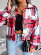 Plaid wool blend cropped shacket with lantern sleeves - View 18 | TEVQA