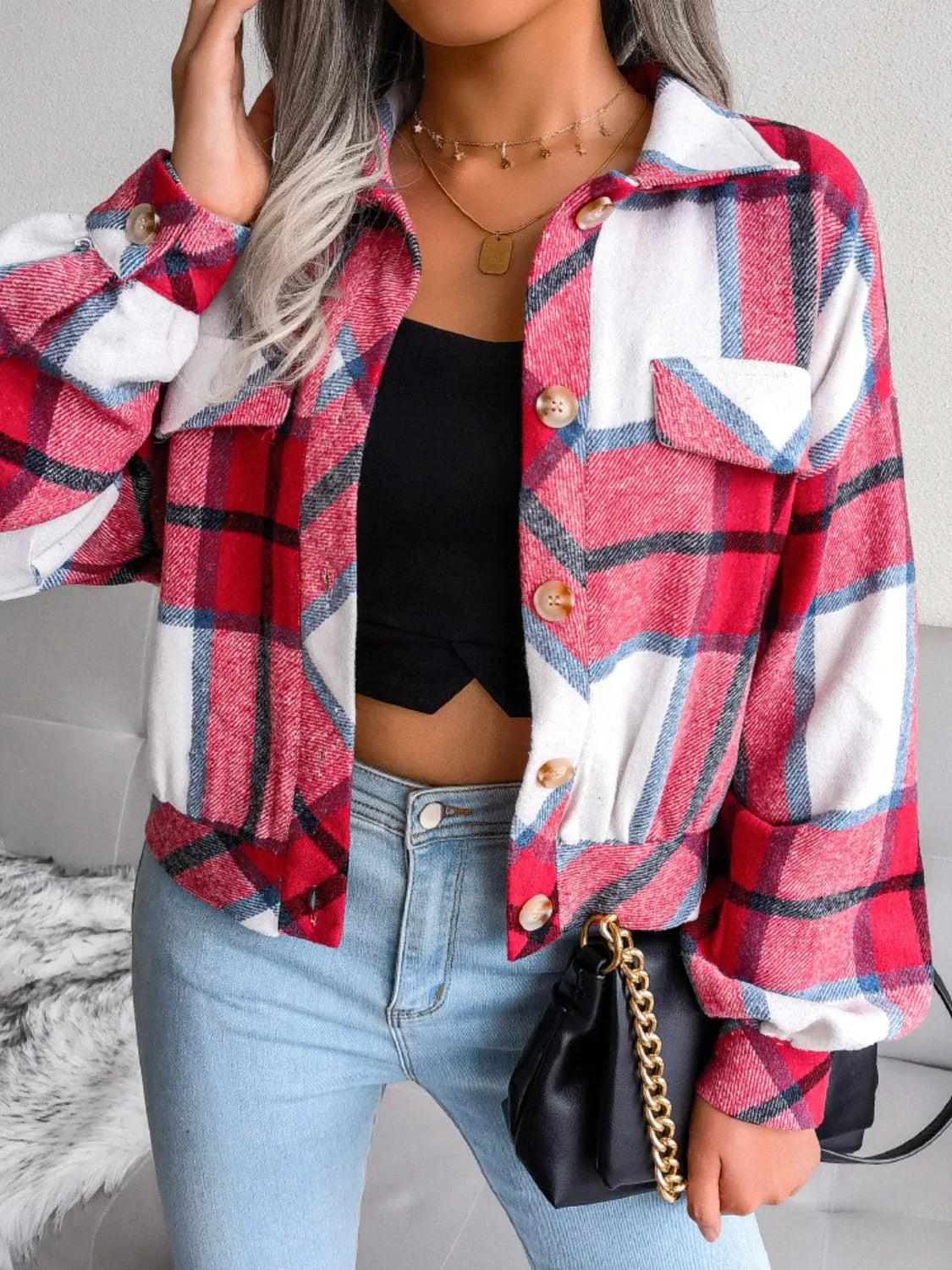 Plaid wool blend cropped shacket with lantern sleeves - View 18 | TEVQA