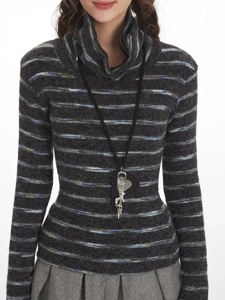 Y2K Grunge Striped Mock Neck Top - TEVQA