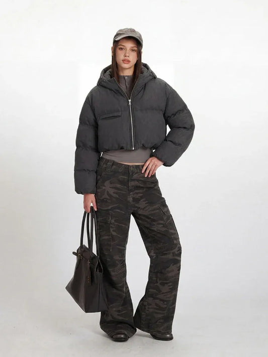 Gorpcore Grey Wool-Texture Cropped Puffer Jacket - TEVQA
