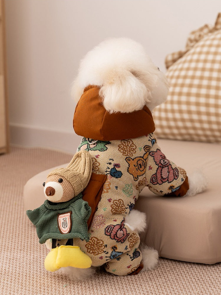Yellow Graffiti Hooded Pet Jumpsuit with 3D Bear Doll