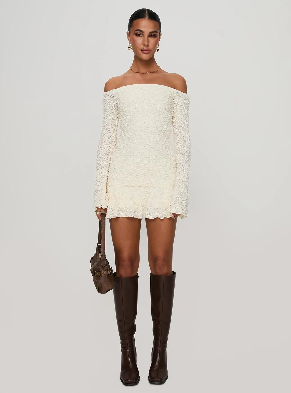 Vancesca Cream Textured Off-Shoulder Mini Dress - Ruffle Hem Long Sleeve Bodycon - TEVQA