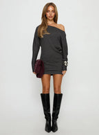 Alayne Black & Grey Striped Off-Shoulder Knit Mini Dress - Long Sleeve Slouchy Casual Tunic - TEVQA