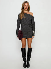 Alayne Black & Grey Striped Off-Shoulder Knit Mini Dress - Long Sleeve Slouchy Casual Tunic - TEVQA