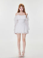 White Off-Shoulder Ruffle Swim Dress
