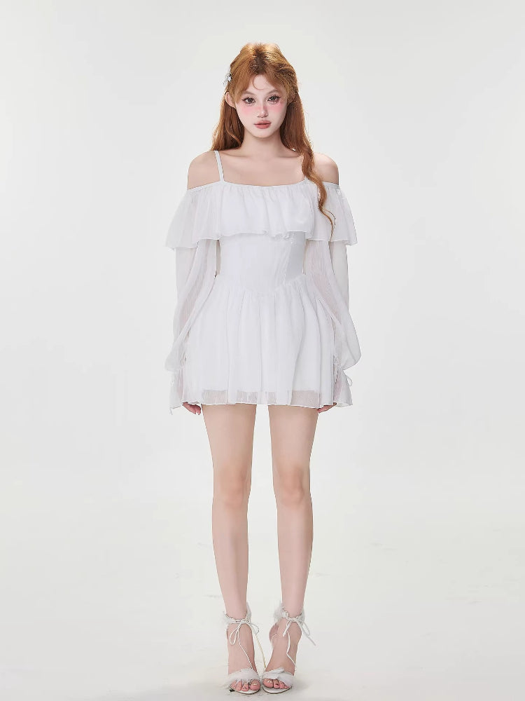 White Off-Shoulder Ruffle Swim Dress