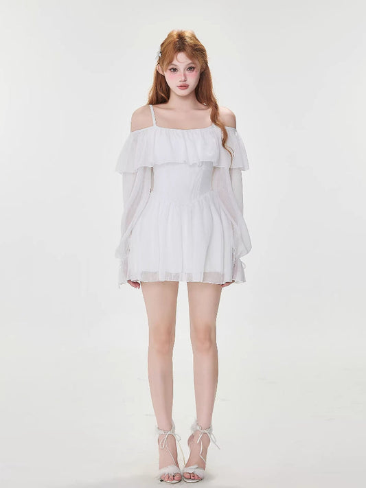 White Off-Shoulder Ruffle Swim Dress