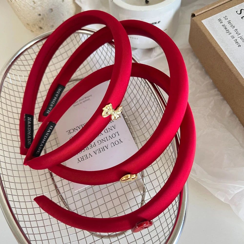 Slim Red Satin Headband with Charm Accent