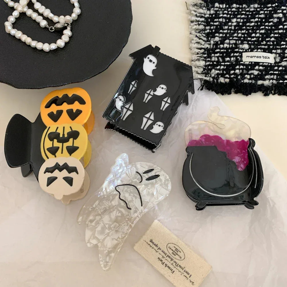 Flat lay of Halloween themed hair clips and accessories