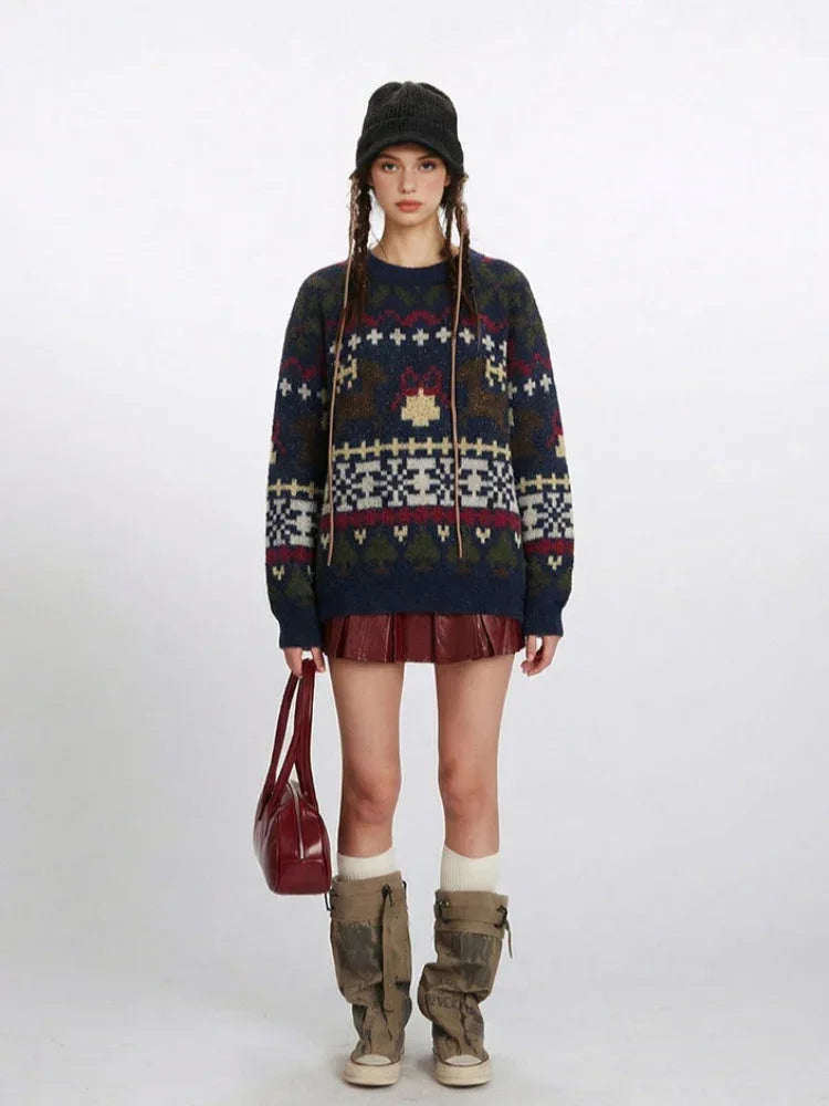 Vintage Navy Fair Isle Holiday Sweater - TEVQA