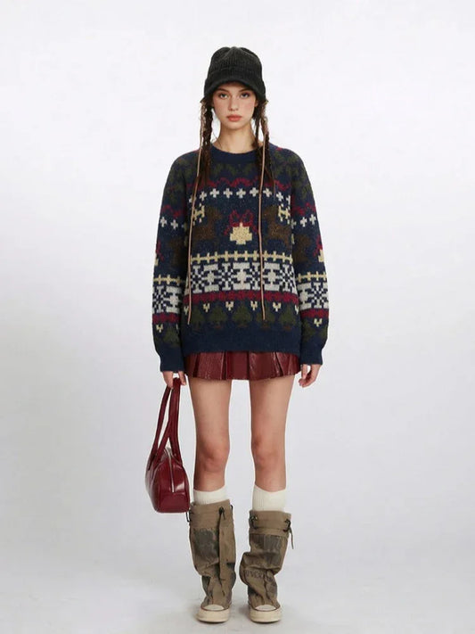 Vintage Navy Fair Isle Holiday Sweater - TEVQA