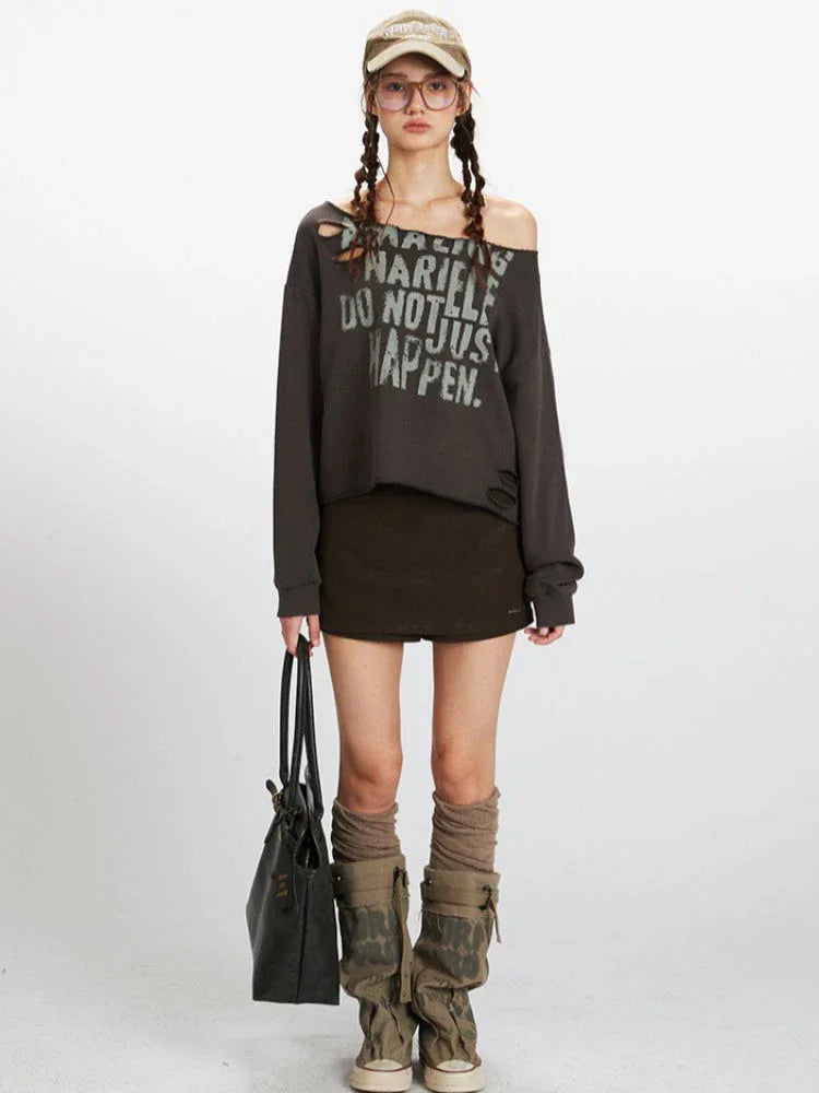 Vintage Charcoal Distressed Off-Shoulder Sweatshirt - TEVQA Main image