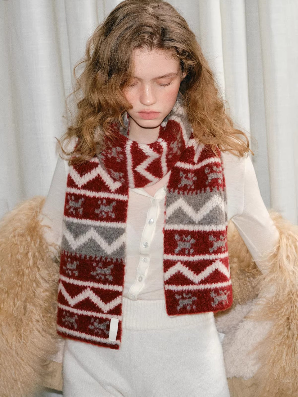 Red Fair Isle Pattern Chunky Knit Holiday Scarf Main image