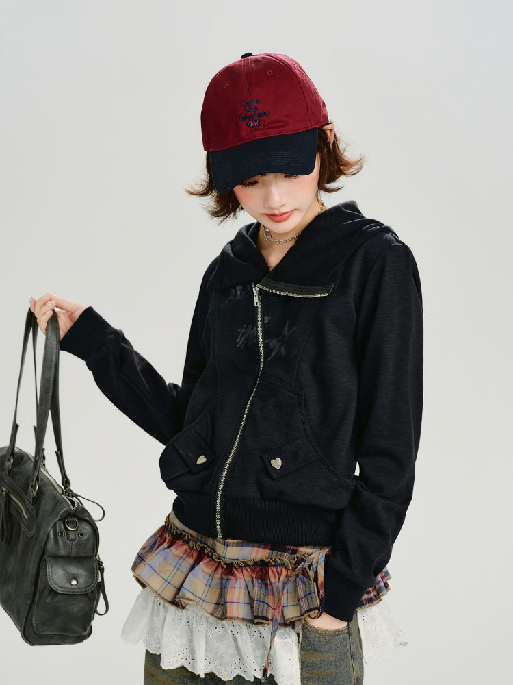 Vintage Star Print Hooded Zip-Up Sweatshirt Black