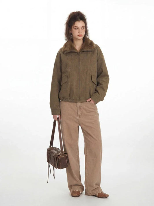 Vintage Faux Suede Aviator Bomber Jacket - TEVQA