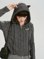 Vintage Cable Knit Hooded Zip-Up Cardigan - Grey