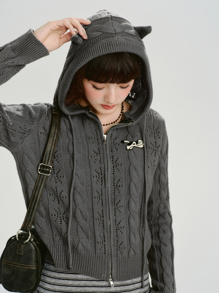 Vintage Cable Knit Hooded Zip-Up Cardigan - Grey