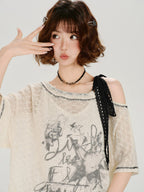 Vintage Lace Asymmetrical Graphic Print Top Cream