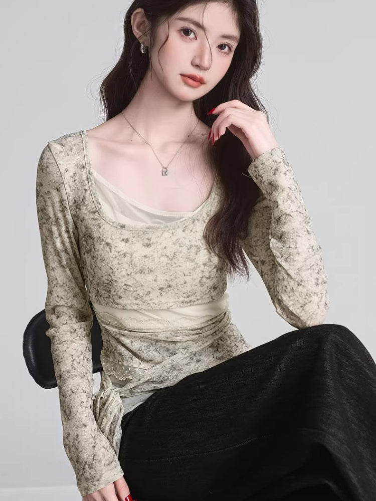 Tie Dye Mesh Overlay Wrap Waist Top Beige