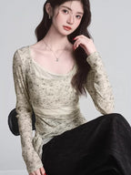 Tie Dye Mesh Overlay Wrap Waist Top Beige